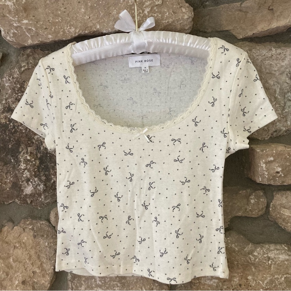 Pink Rose Cream Bow Fitted Crop Top from TJMAXX